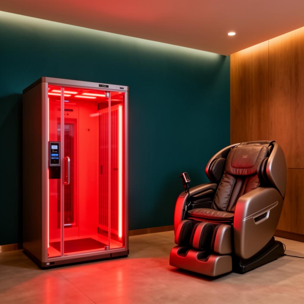Recovery lounge with red light sauna and massage chair
